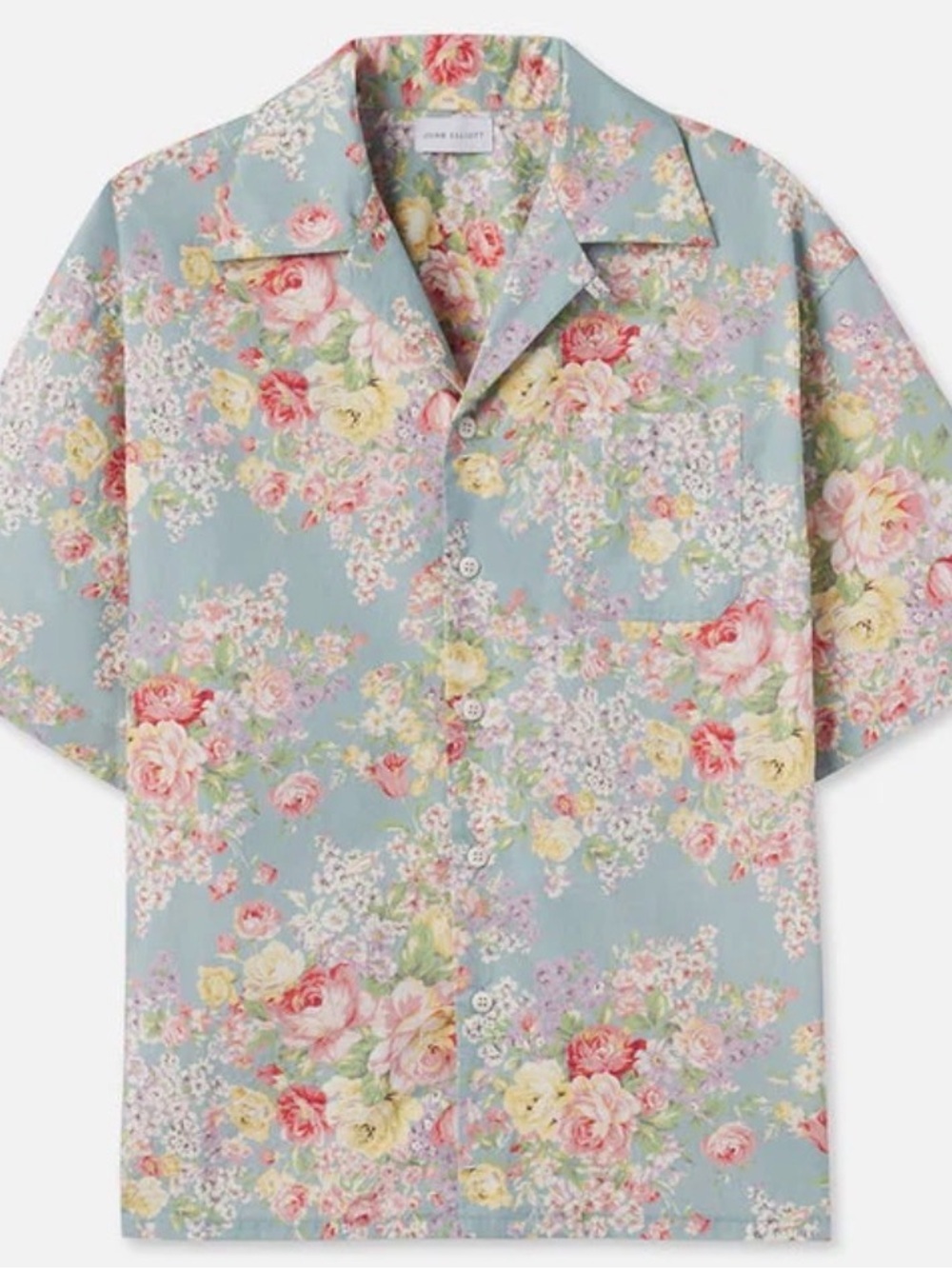 John Elliott Floral Camp-Collar Shirt in Light Blue with Pink & Yellow Blooms